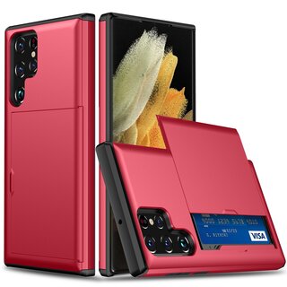 Schutzhlle fr Samsung Galaxy S22 Ultra Rot Handyhlle Schutztasche Case Cover Tasche Transparent Smartphone Bumper (Kartensteckplatz-Kreditkarte-Geldscheine)