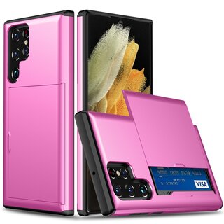 Schutzhlle fr Samsung Galaxy S22 Ultra Pink Handyhlle Schutztasche Case Cover Tasche Transparent Smartphone Bumper (Kartensteckplatz-Kreditkarte-Geldscheine)